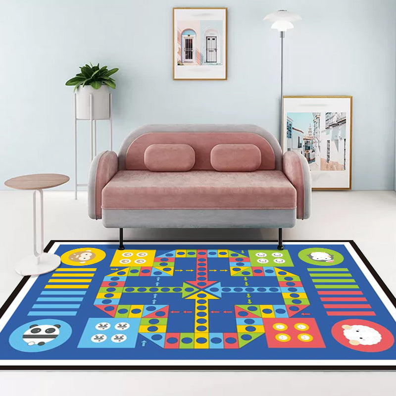 BowLift | Blue Children's Room Carpet Children Educational Ludo Pattern Area Rug Polyester Pet Friendly Washable Rug