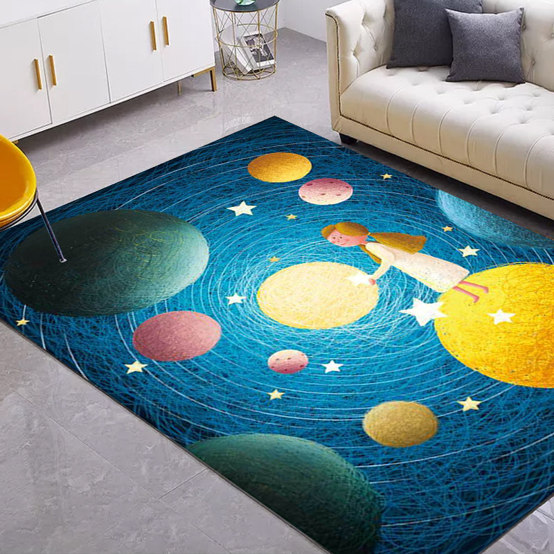 BowLift | Beautiful children's rug in blue with planet patterns in space, polyester, non-slip, washable, rug for the children's room