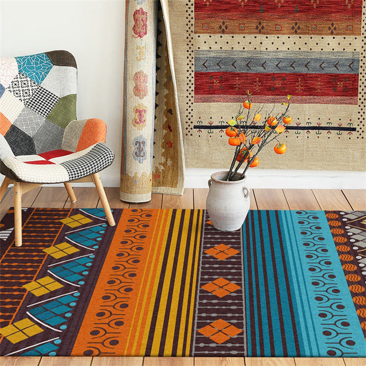 BowLift | Stamm geometric striped pattern rug brown and blue vintage rug polyester washable non-slip backing rug for bedroom
