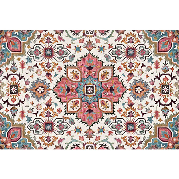 BowLift | Pink Mediterranean Carpet Polyester Flower and Medallion Pattern Carpet Washable Non-Slip Back Carpet for Living Room