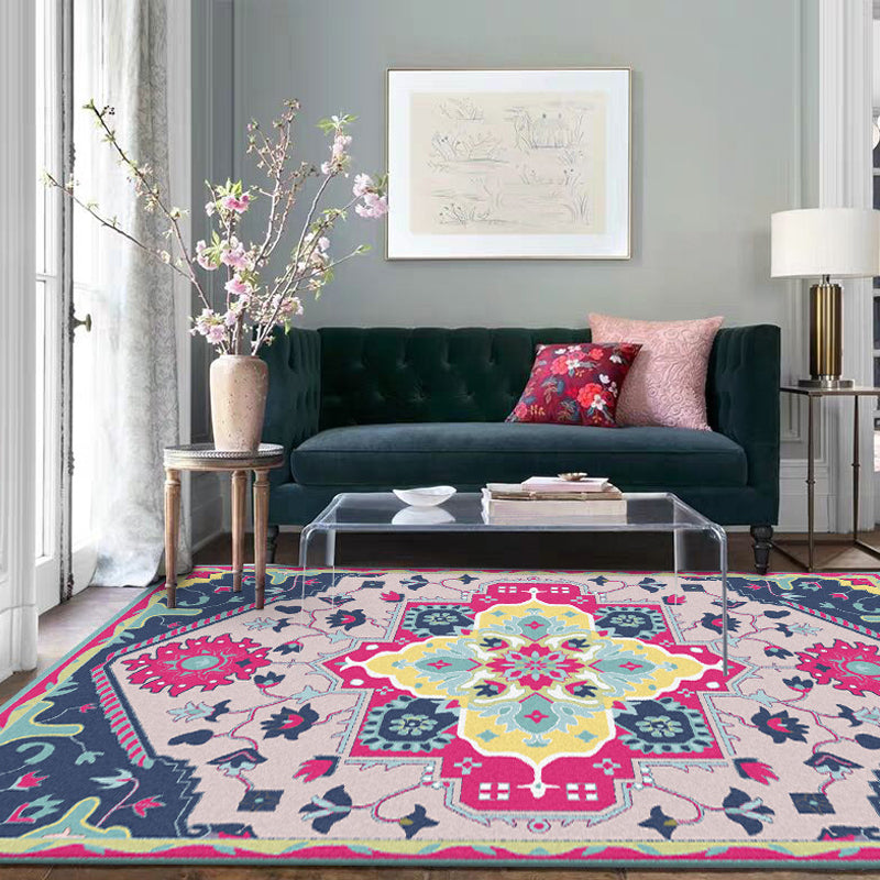 Pink and Blue Mediterranean Carpet Polyester Medallion Pattern Carpet Washable Non-Slip Backing Carpet for Living Room | Bowlift