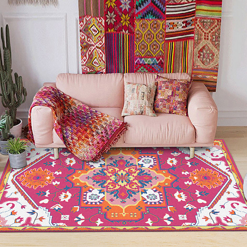Pink and Blue Mediterranean Carpet Polyester Medallion Pattern Carpet Washable Non-Slip Backing Carpet for Living Room | Bowlift