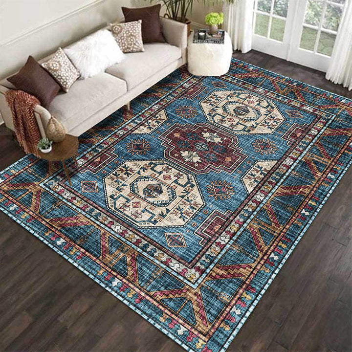 Moroccan medallion pattern rug blue polyester rug machine washable non-slip rug for the living room | Bowlift