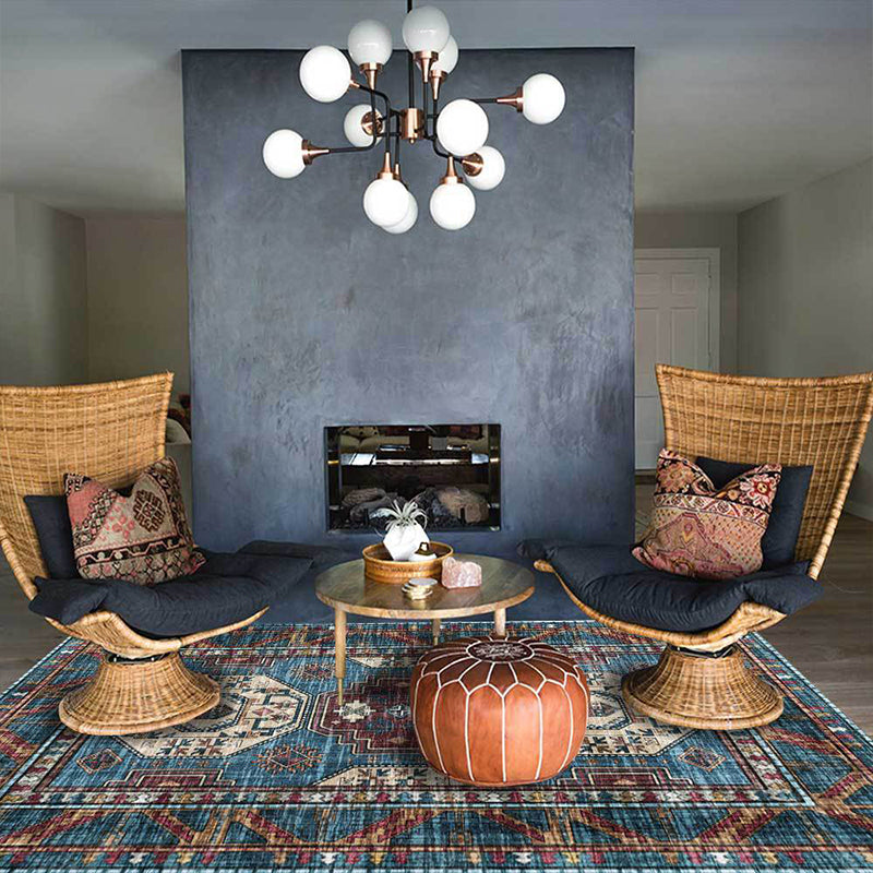 BowLift | Moroccan Medallion Pattern Rug Blue Polyester Rug Machine Washable Non-Slip Area Rug for Living Room