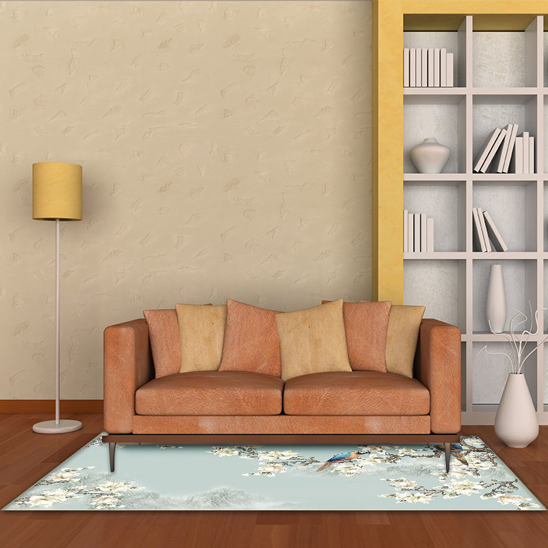 BowLift | Vintage Floral Pattern Rug with Bird Light Green Polyester Rug Machine Washable Non-Slip Rug for the Bedroom