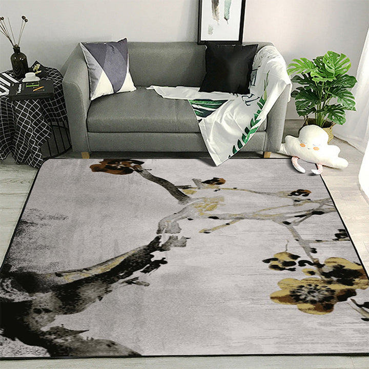 BowLift | Retro Ink Wash Painting Rug with Floral Khaki Oriental Carpet Washable Polyester Non-slip Backing Area Rug for Bedroom