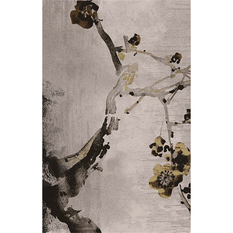 BowLift | Retro Ink Wash Painting Rug with Floral Khaki Oriental Carpet Washable Polyester Non-slip Backing Area Rug for Bedroom