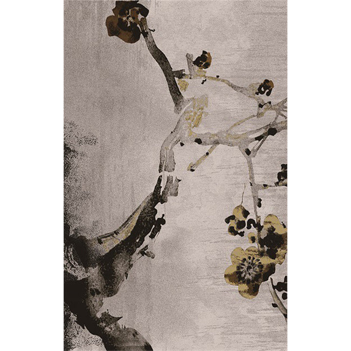 BowLift | Retro Ink Wash Painting Rug with Floral Khaki Oriental Carpet Washable Polyester Non-slip Backing Area Rug for Bedroom