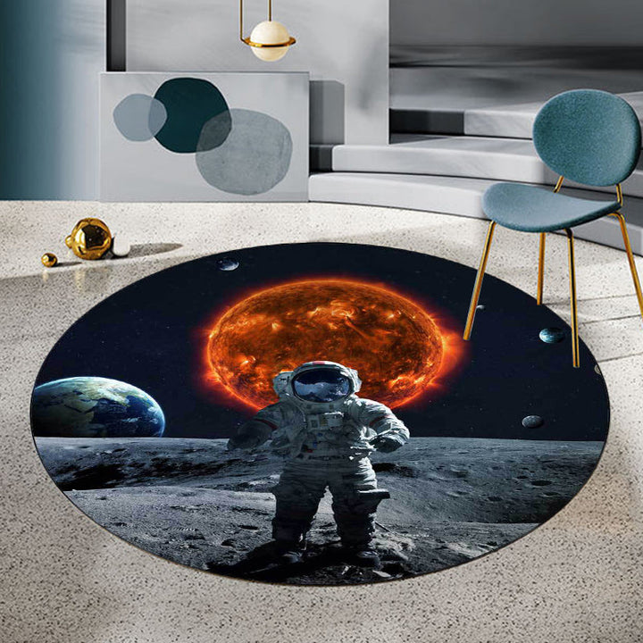Black and Gray Bedroom Rug Modern Space Planet Astronaut Pattern Rug Polyester Stain Resistant Rug | Bowlift