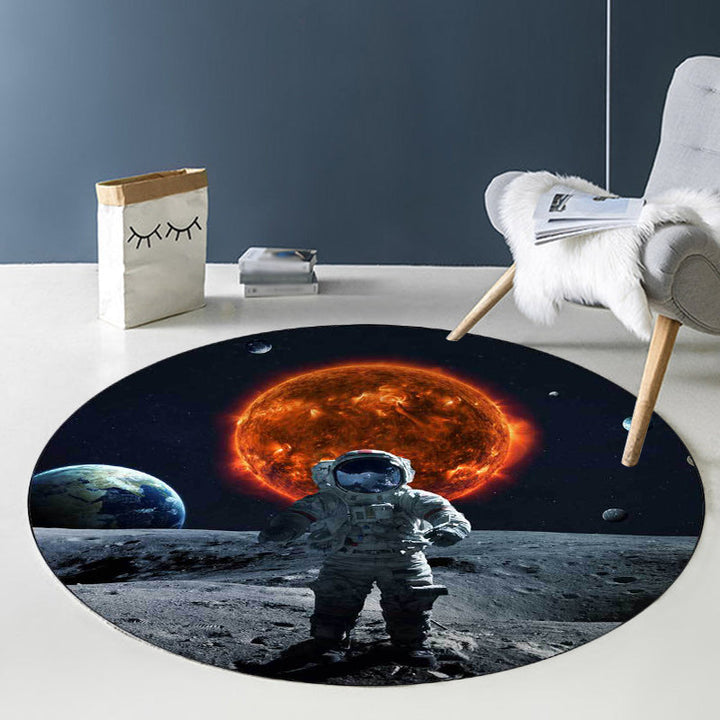 Black and Gray Bedroom Rug Modern Space Planet Astronaut Pattern Rug Polyester Stain Resistant Rug | Bowlift