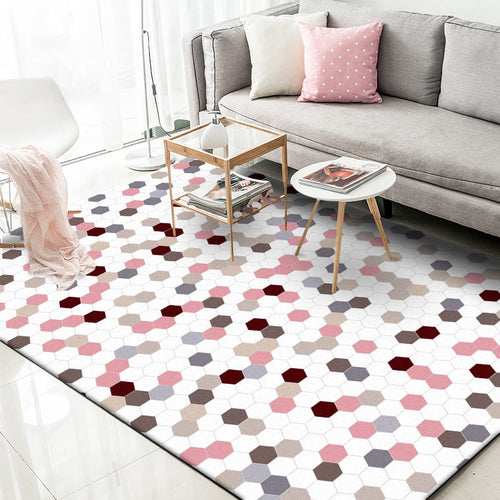 White Bedroom Rug Modern Polka Dot Pattern Hexagon Pattern Rug Polyester Non-Slip Back Rug | Bowlift