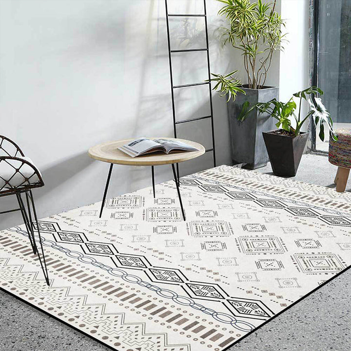 BowLift | Classic Geometric Pattern Carpet White Vintage Carpet Polyester Washable Non-Slip Back Carpet for Bedroom