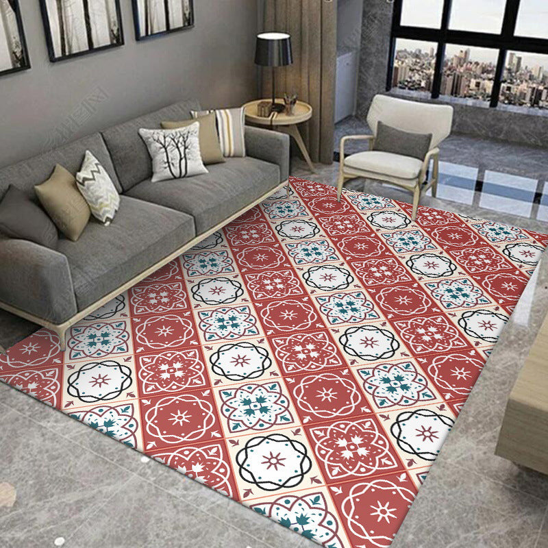 BowLift | Classic Checkered Pattern Carpet with Floral Red Vintage Carpet made of Polyester washable with non-slip backing Carpet for the Bedroom