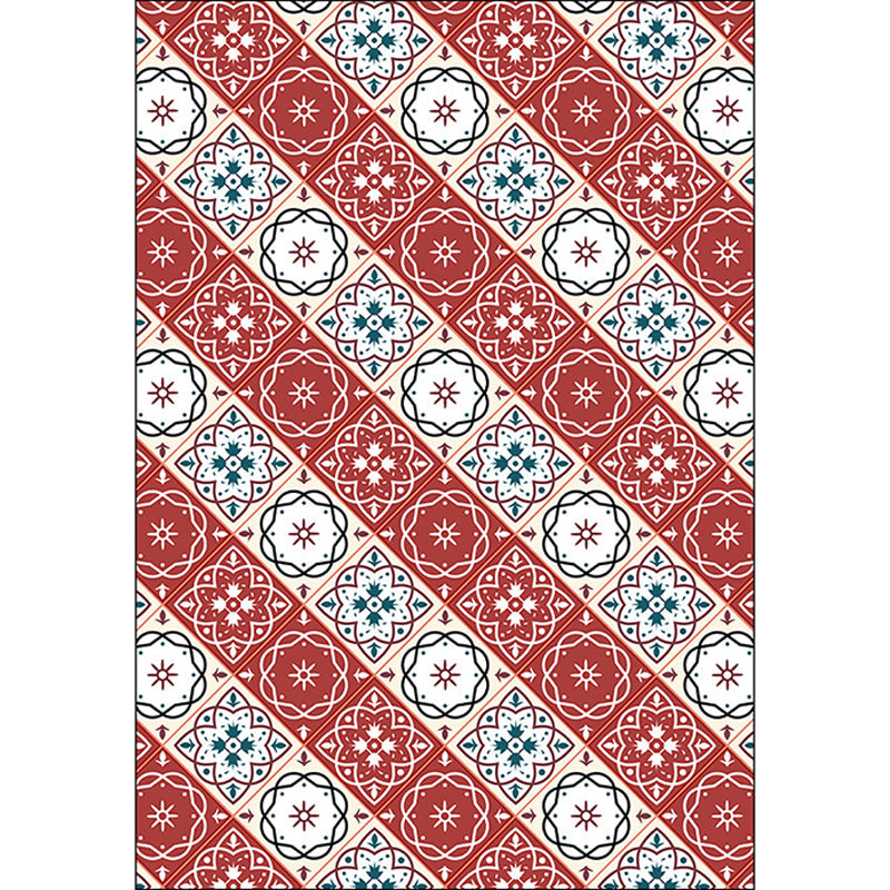 BowLift | Classic Checkered Pattern Carpet with Floral Red Vintage Carpet made of Polyester washable with non-slip backing Carpet for the Bedroom