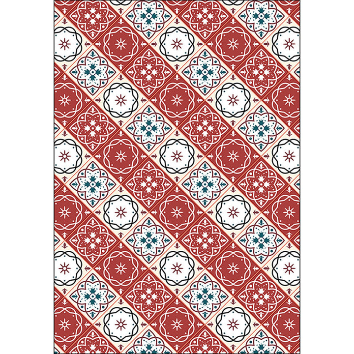 BowLift | Classic Checkered Pattern Carpet with Floral Red Vintage Carpet made of Polyester washable with non-slip backing Carpet for the Bedroom
