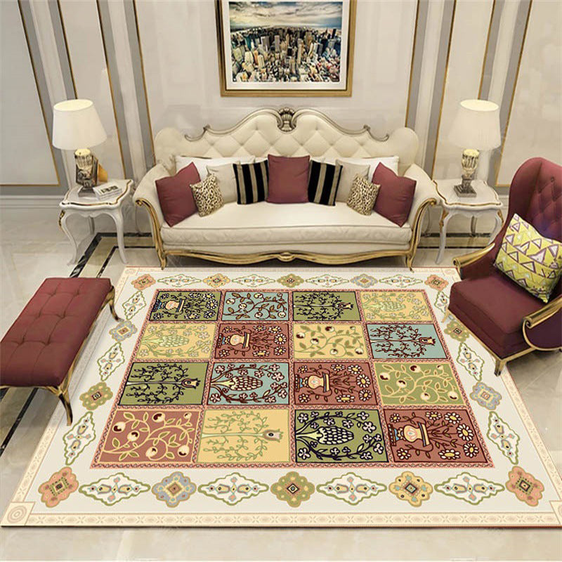 BowLift | Persian checkered printed carpet with floral beige polyester carpet machine washable non-slip rug for the living room