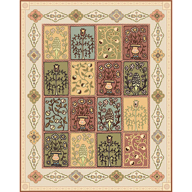 BowLift | Persian checkered printed carpet with floral beige polyester carpet machine washable non-slip rug for the living room