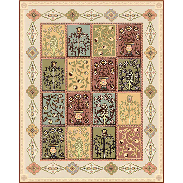 BowLift | Persian checkered printed carpet with floral beige polyester carpet machine washable non-slip rug for the living room