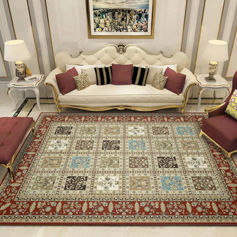 BowLift | Red and Beige Moroccan Carpet Polyester Checked and Floral Pattern Carpet Washable Non-Slip Backing Carpet for Living Room