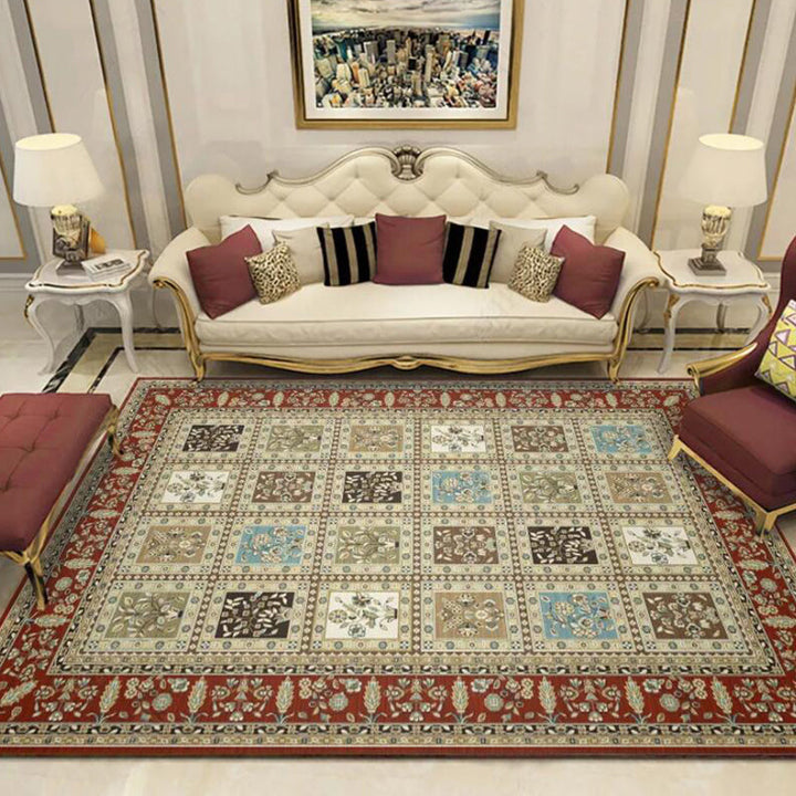 BowLift | Red and Beige Moroccan Carpet Polyester Checked and Floral Pattern Carpet Washable Non-Slip Backing Carpet for Living Room