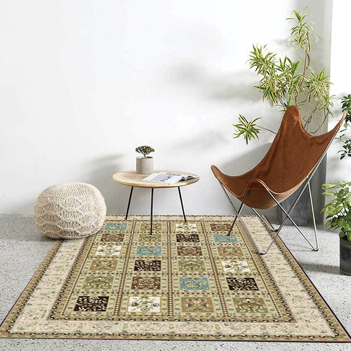 BowLift | Red and Beige Moroccan Carpet Polyester Checked and Floral Pattern Carpet Washable Non-Slip Backing Carpet for Living Room
