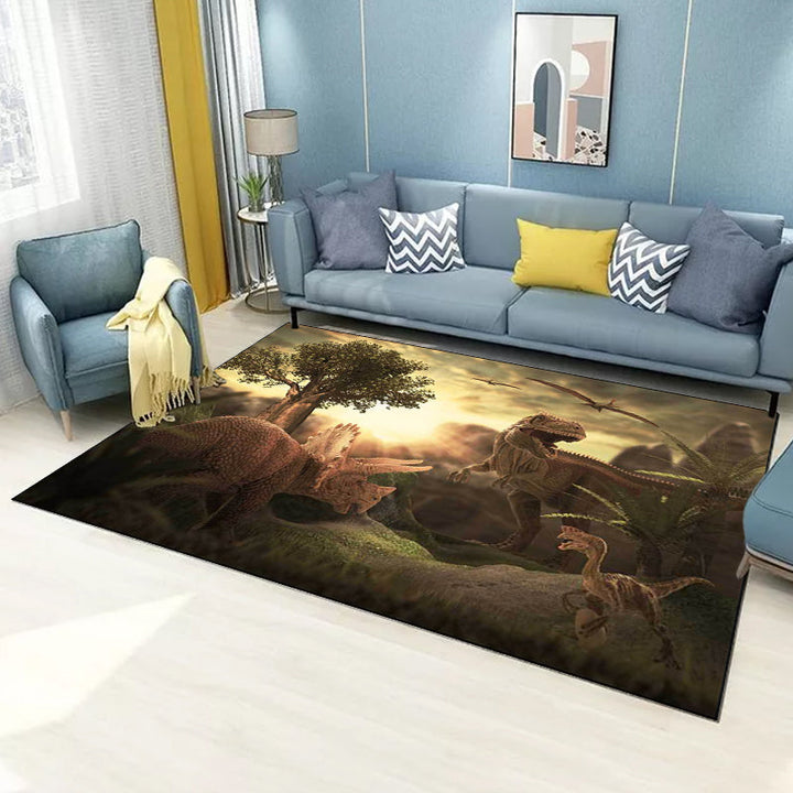 Stylish dinosaur pattern rug with tree Brown Nordic rug Polyester Washable Non-slip back Rug for the living room | Bowlift