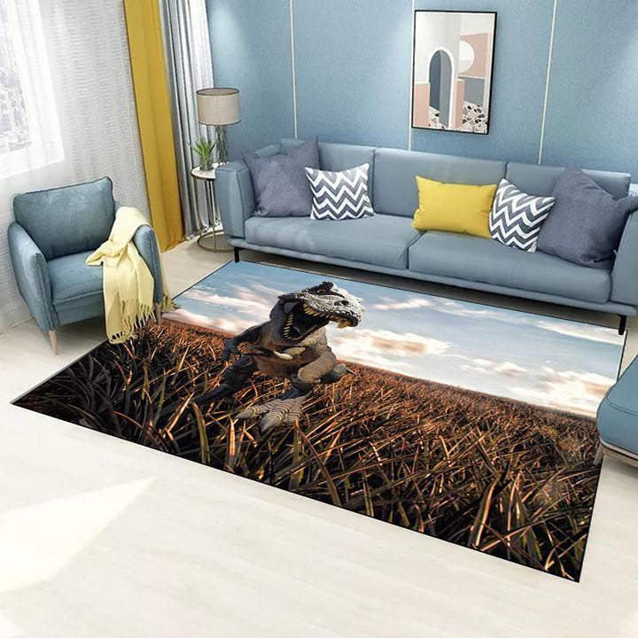 Funky Dinosaur Pattern Rug Brown and Blue Nordic Rug Polyester Washable Anti-Slip Back Rug for the Living Room | Bowlift
