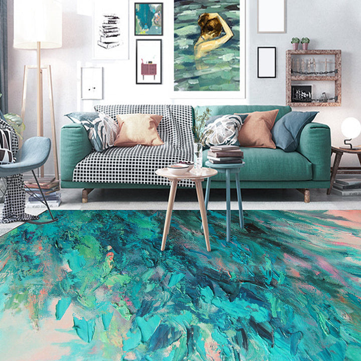 Nordic Oil Painting Pattern Carpet Green Polyester Carpet Machine Washable Non-Slip Area Rug for Bedroom | Bowlift