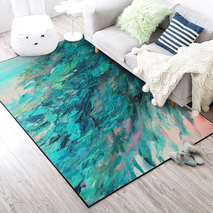 Nordic Oil Painting Pattern Carpet Green Polyester Carpet Machine Washable Non-Slip Area Rug for Bedroom | Bowlift