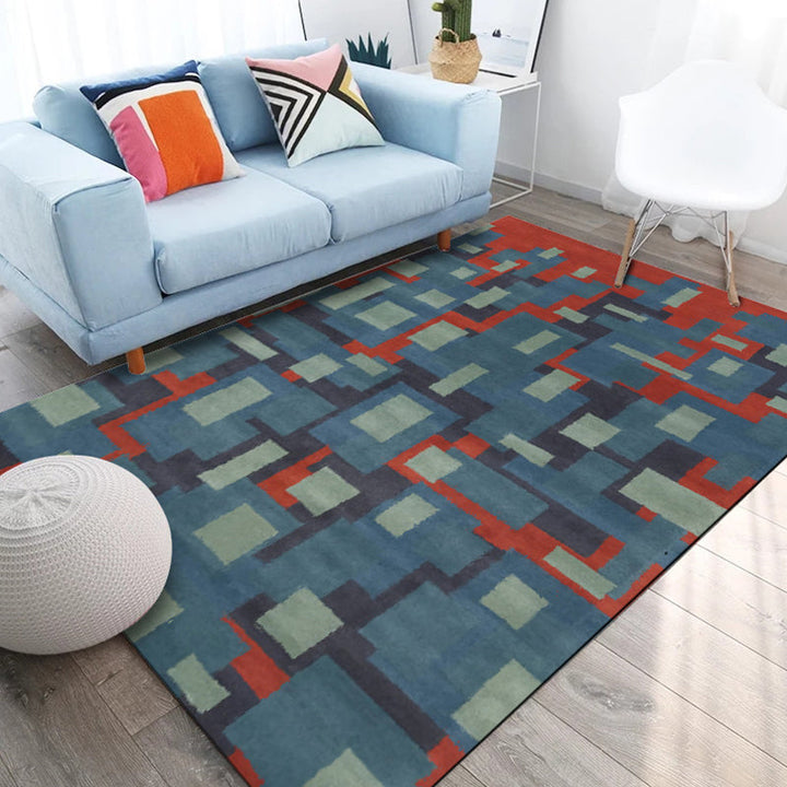Blue and Red Nordic Carpet Polyester Abstract Carpet Washable Non-slip Back Carpet for the Living Room | Bowlift