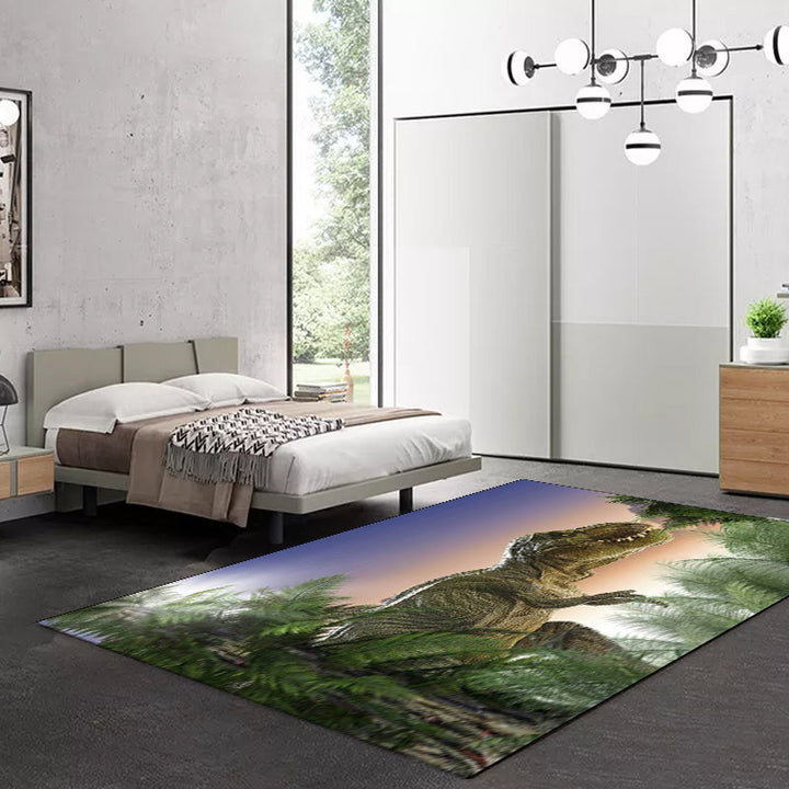 Green and Purple Novelty Carpet Polyester Dinosaur and Tree Pattern Carpet Washable Non-Slip Back Carpet for Living Room | Bowlift