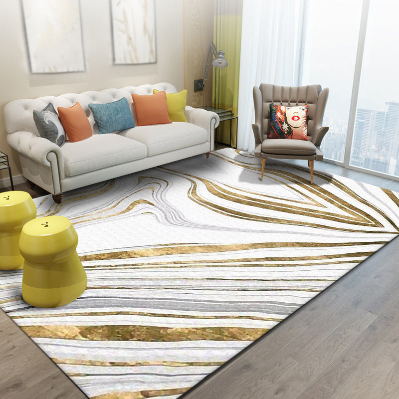 BowLift | Modern Living Room Rug in White and Gold Abstract Swirl Line Print Rug Polyester Machine Washable Area Rug