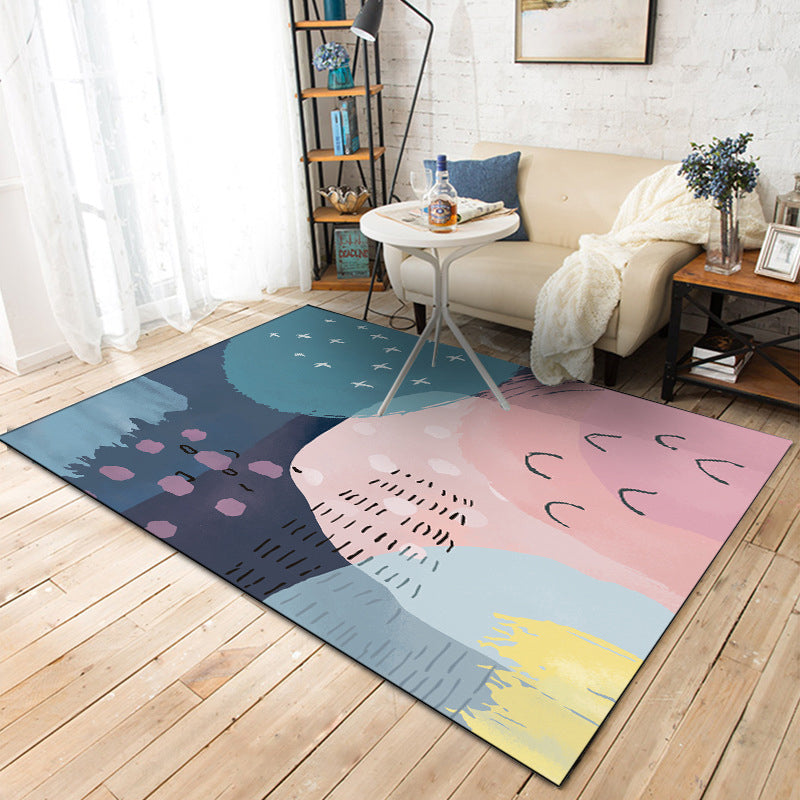BowLift | Novelty Living Room Rug in Pink and Blue Color Block Print Rug Polyester Machine Washable Rug