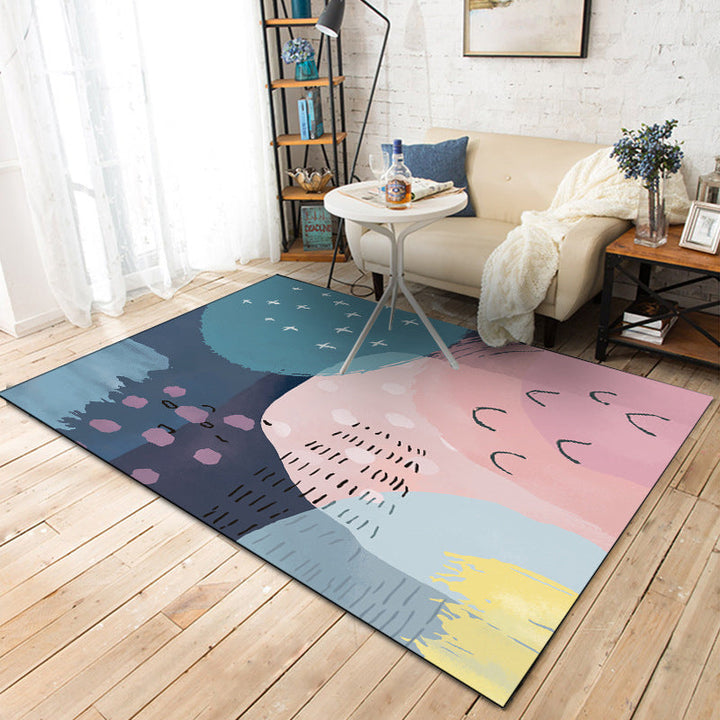 BowLift | Novelty Living Room Rug in Pink and Blue Color Block Print Rug Polyester Machine Washable Rug