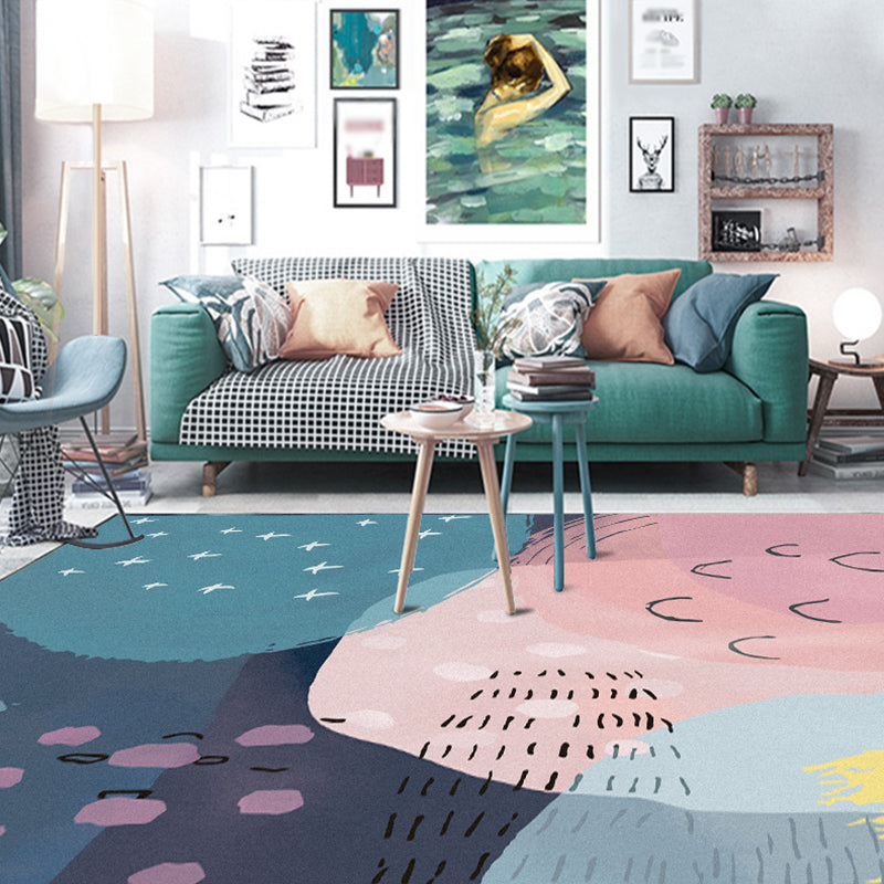 BowLift | Novelty Living Room Rug in Pink and Blue Color Block Print Rug Polyester Machine Washable Rug