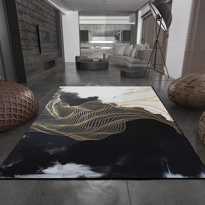 BowLift | Traditional swirl stripe pattern rug black and white oriental rug polyester washable non-slip backing rug for living room