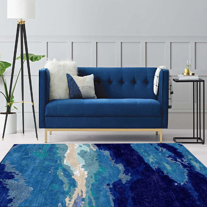 Blue bedroom carpet Modern abstract ocean pattern area rug Polyester non-slip washable rug | Bowlift