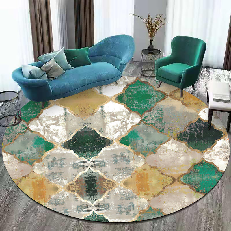 Green and yellow Moroccan carpet Polyester Azulejo print carpet Washable Non-slip backing carpet for the living room | Bowlift