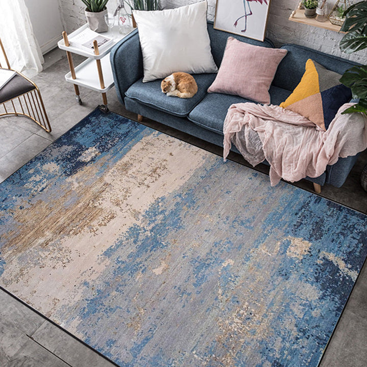 Modern living room rug in blue Abstract oil painting print rug Polyester pet-friendly washroom area rug | Bowlift