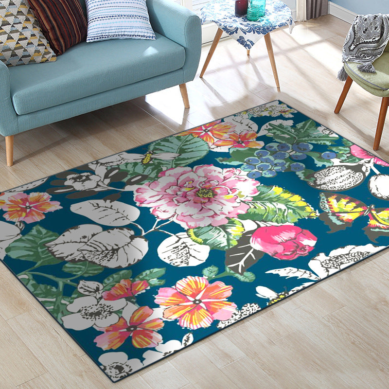 BowLift | Classic Floral Pattern Rug with Leaf Blue Multicolor Shabby Chic Rug Polyester Washable Non-Slip Backing Rug for the Living Room