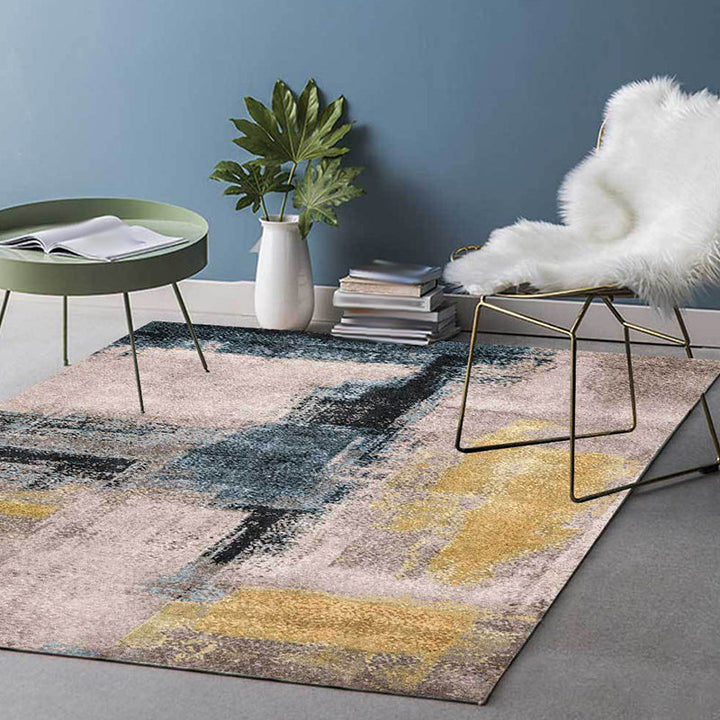 Yellow and Gray Industrial Carpet Polyester Brush Stroke Carpet Washable Non-Slip Back Carpet for Living Room | Bowlift