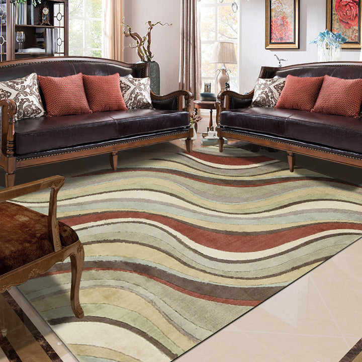 Unique swirl stripe pattern rug brown multicolored contemporary rug polyester washable non-slip back rug for the living room | Bowlift
