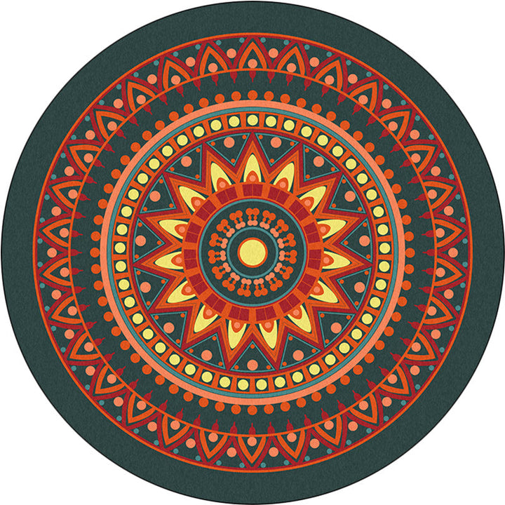 BowLift | Vintage concentric circles pattern rug with flowers orange tribal rug polyester washable non-slip back rug for living room
