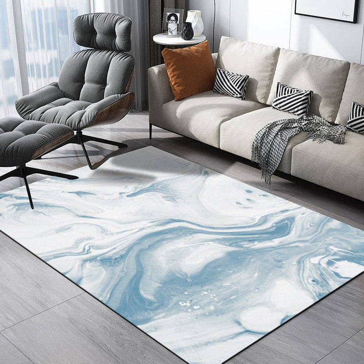 Modern living room rug in blue and white abstract ocean print rug polyester washable pet-friendly rug | Bowlift