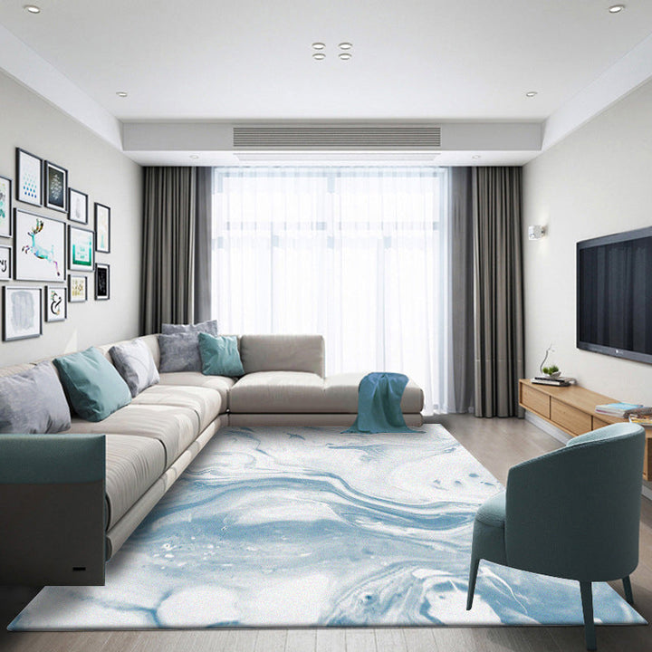 Modern living room rug in blue and white abstract ocean print rug polyester washable pet-friendly rug | Bowlift