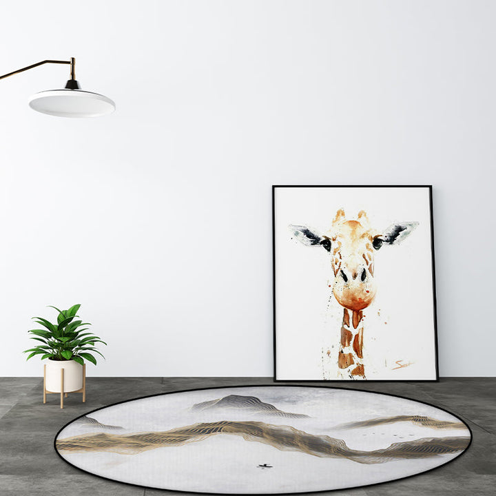 Light gray oriental carpet Polyester swirl stripe pattern carpet with mountain and bird washable non-slip backing flooring for the living room | Bowlift