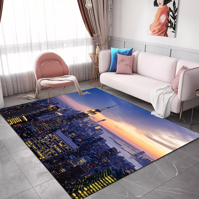 Modern Geography Print Rug Blue Polyester Rug Machine Washable Non-Slip Rug for the Bedroom | Bowlift