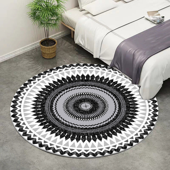BowLift | Vintage concentric circles pattern rug white and black tribal rug polyester washable non-slip backing rug for living room