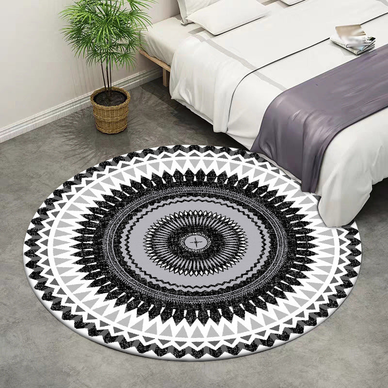 BowLift | Vintage concentric circles pattern rug white and black tribal rug polyester washable non-slip backing rug for living room