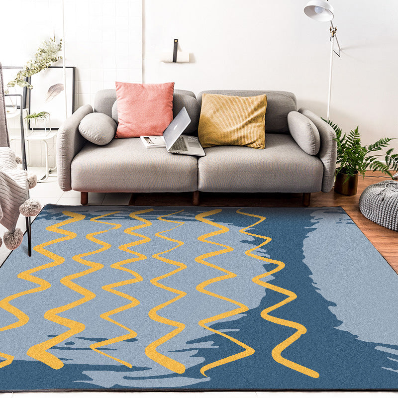 BowLift | Casual Novelty Rug in Blue Geometric Wave Pattern Rug Polyester Stain Resistant Rug for Home Decoration